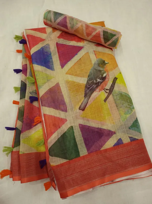 Blue and Green and Yellow all Color mix Cotton Linen Saree With Unstitched Blouse Piece For Women