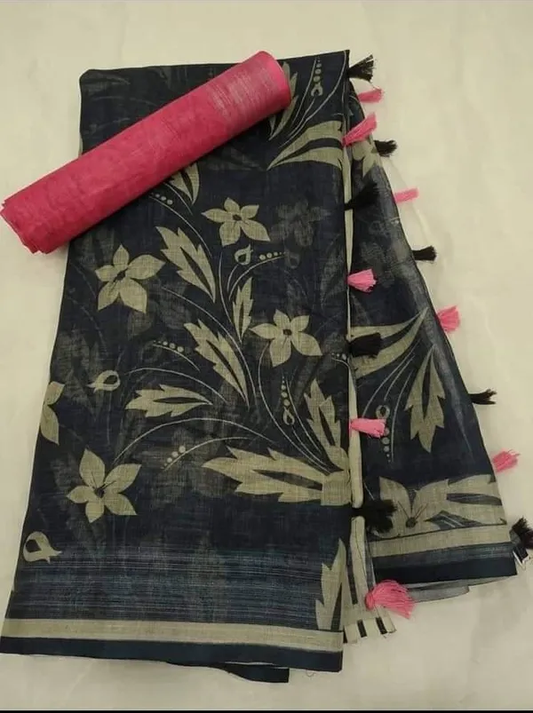 Exquisite Black Color Cotton Linen Saree With Unstitched Blouse Piece For Women
