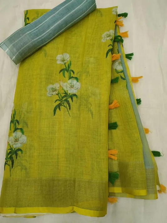 Divine Green Color Cotton Linen Saree With Unstitched Blouse Piece For Women