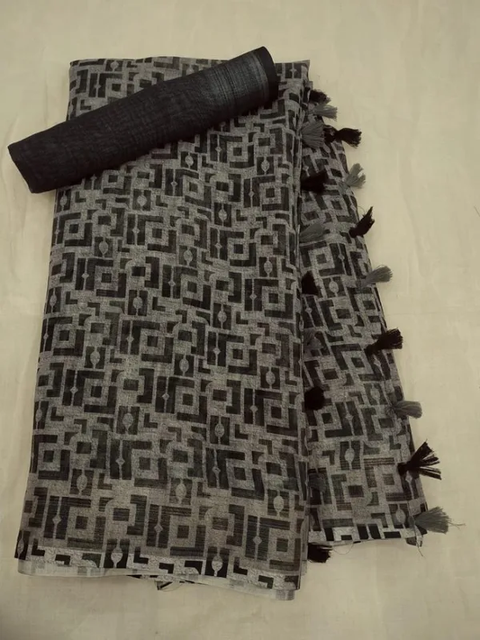 Classy Balck Color Cotton Linen Saree With Unstitched Blouse Piece For Women