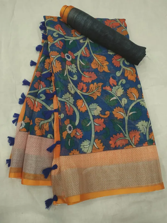 Exquisite Blue Color Cotton Linen Saree With Unstitched Blouse Piece For Women