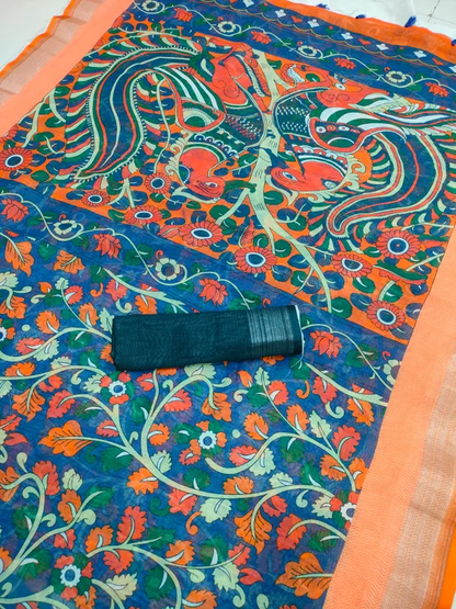 Exquisite Blue Color Cotton Linen Saree With Unstitched Blouse Piece For Women