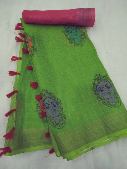 Divine Green Color Cotton Linen Saree With Unstitched Blouse Piece For Women