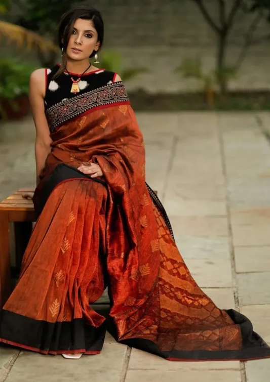 Gorgeous Red Color Cotton Linen Saree With Unstitched Blouse Piece For Women