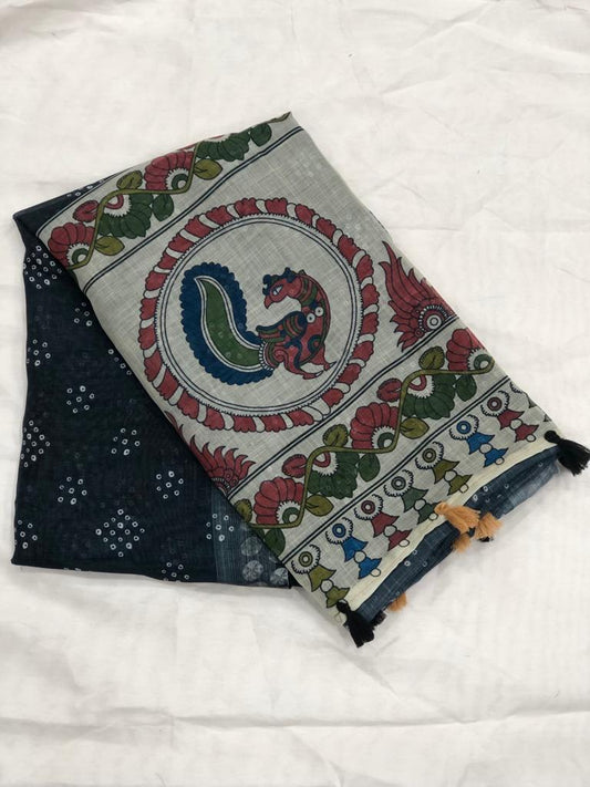 Royal Black Cotton Linen Saree With Unstitched Blouse Piece For Women