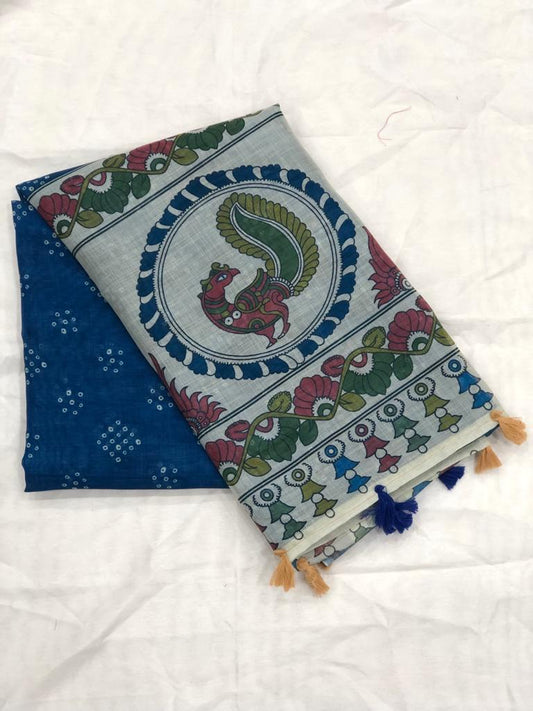 Exquisite Blue Color Cotton Linen Saree With Unstitched Blouse Piece For Women