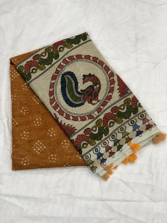 Captivating Brown Color Cotton Linen Saree With Unstitched Blouse Piece For Women
