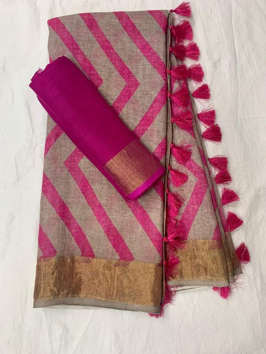 Captivating Pink Color Cotton Linen Saree With Unstitched Blouse Piece For Women
