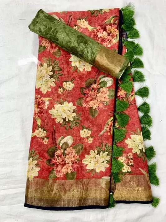 Divine Red Color Cotton Linen Saree With Unstitched Blouse Piece For Women