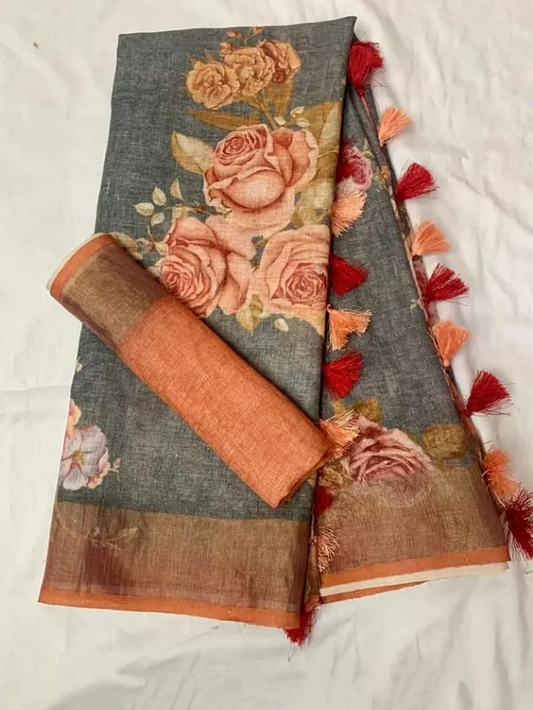 Majestic Gray Color Cotton Linen Saree With Unstitched Blouse Piece For Women