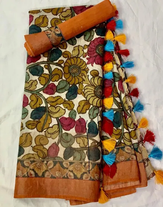 Divine White and Chiku Color Cotton Linen Saree With Unstitched Blouse Piece For Women