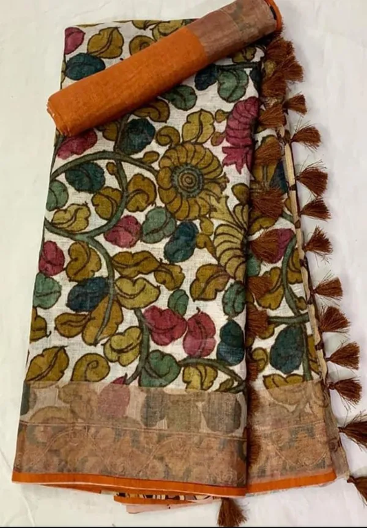 Captivating White and Chiku Color Cotton Linen Saree With Unstitched Blouse Piece For Women