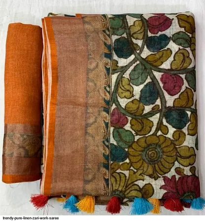 Captivating White and Chiku Color Cotton Linen Saree With Unstitched Blouse Piece For Women