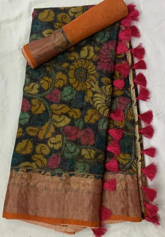 Classy Black and Green Color Cotton Linen Saree With Unstitched Blouse Piece For Women