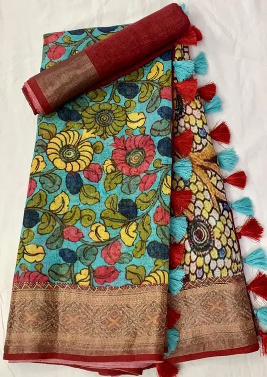 Traditional Multi Color Cotton Linen Saree With Unstitched Blouse Piece For Women