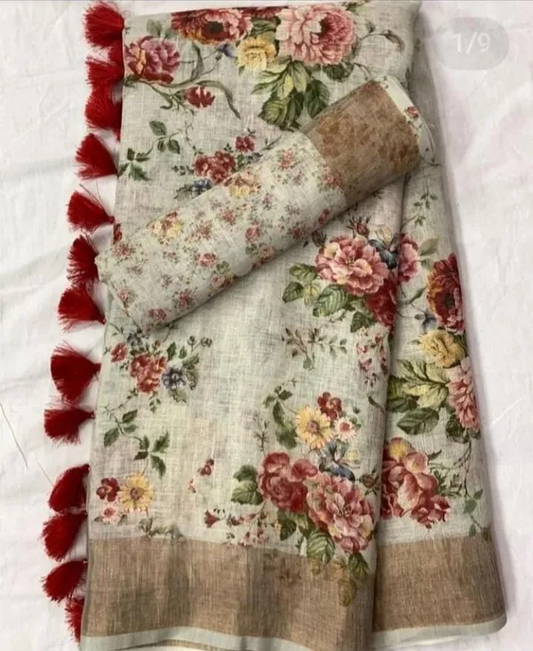 Vibrant White Color Cotton Linen Saree With Unstitched Blouse Piece For Women