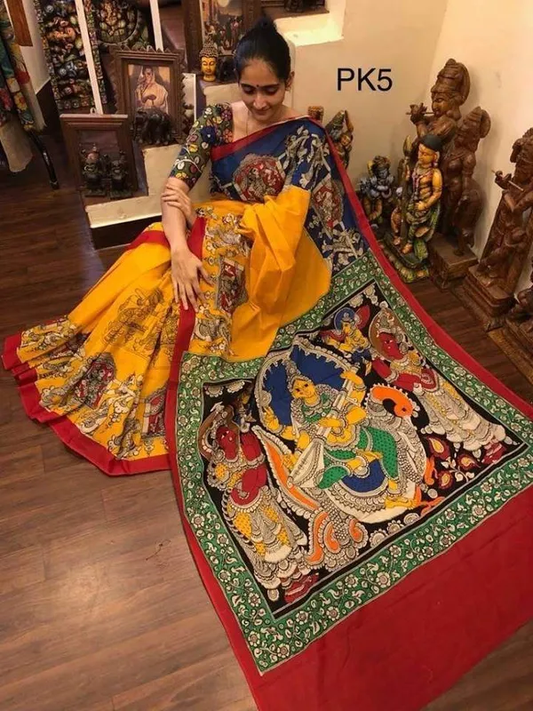 Gorgeous Yellow with Red Color Cotton Linen Saree With Unstitched Blouse Piece For Women