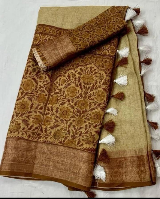 Alluring Brown and Beige Color Cotton Linen Saree With Unstitched Blouse Piece For Women