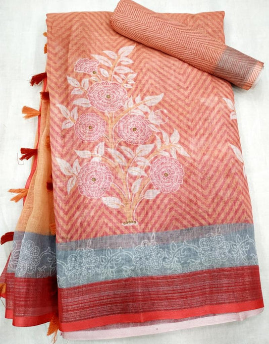 Glamorous Red Color Cotton Linen Saree With Unstitched Blouse Piece For Women