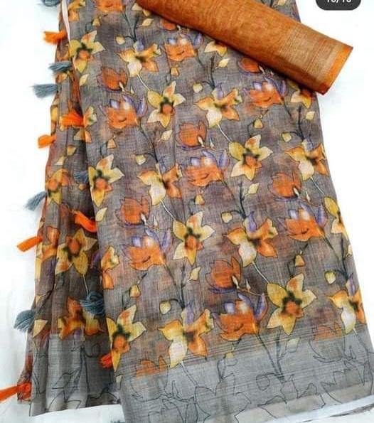 Charming Gray Color Cotton Linen Saree With Unstitched Blouse Piece For Women
