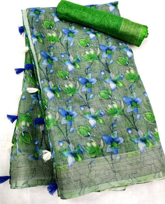 Sophisticated Green Color Cotton Linen Saree With Unstitched Blouse Piece For Women