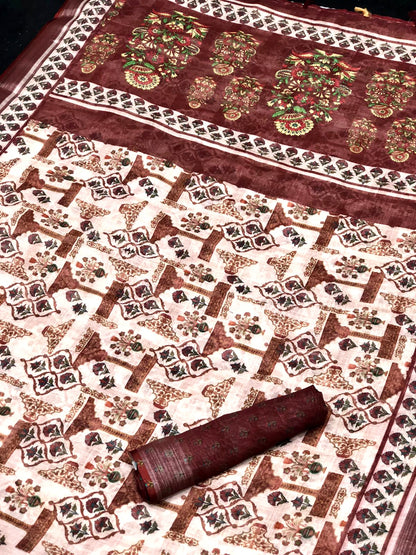 Royal Reddish-Brown Color Cotton Linen Saree With Unstitched Blouse Piece For Women