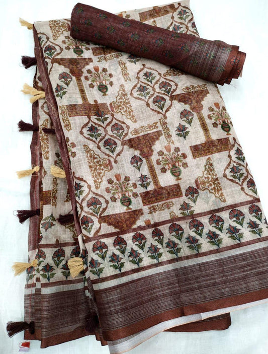 Royal Reddish-Brown Color Cotton Linen Saree With Unstitched Blouse Piece For Women