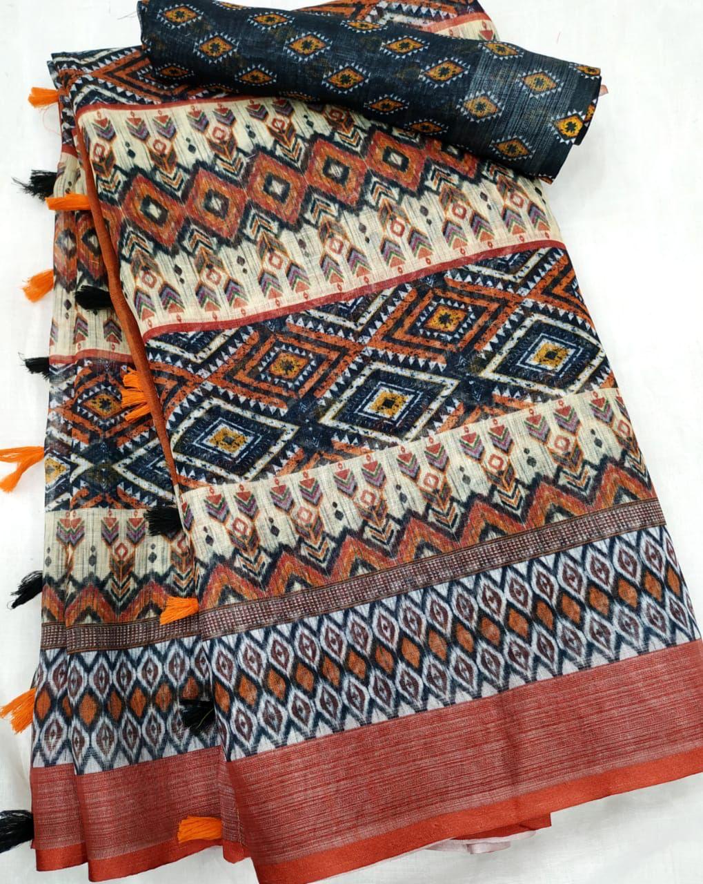 Charming White and Red Color Cotton Linen Saree With Unstitched Blouse Piece For Women