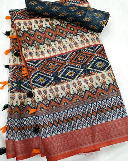 Charming White and Red Color Cotton Linen Saree With Unstitched Blouse Piece For Women