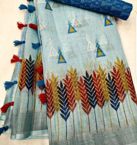 Dazzling White and like Sky Color Cotton Linen Saree With Unstitched Blouse Piece For Women