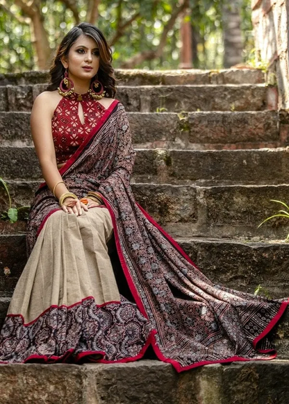 Alluring Beige Color Cotton Linen Saree With Unstitched Blouse Piece For Women