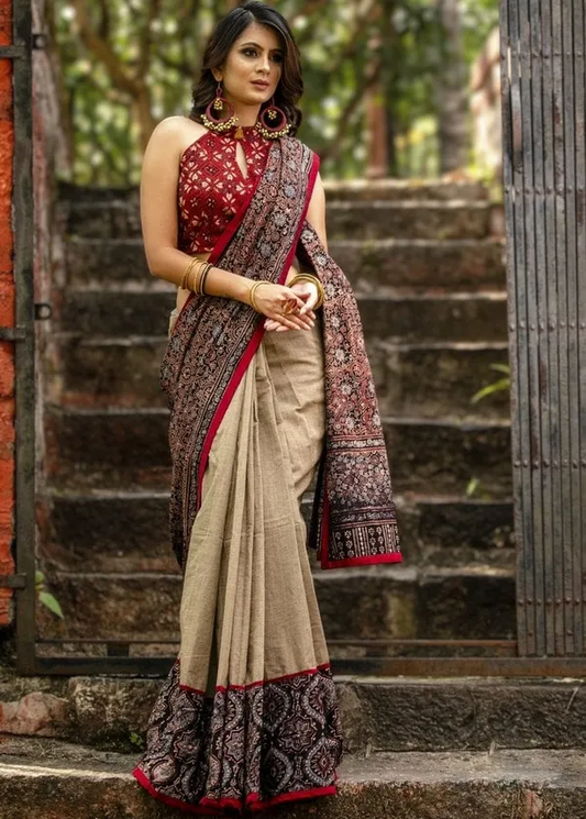 Alluring Beige Color Cotton Linen Saree With Unstitched Blouse Piece For Women