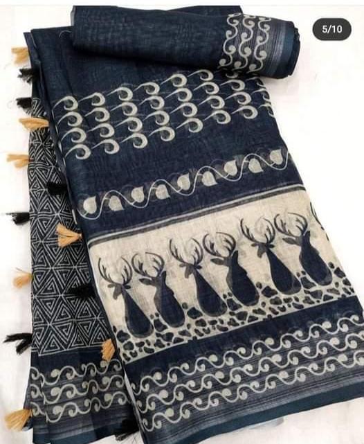 Timeless Black Color Cotton Linen Saree With Unstitched Blouse Piece For Women