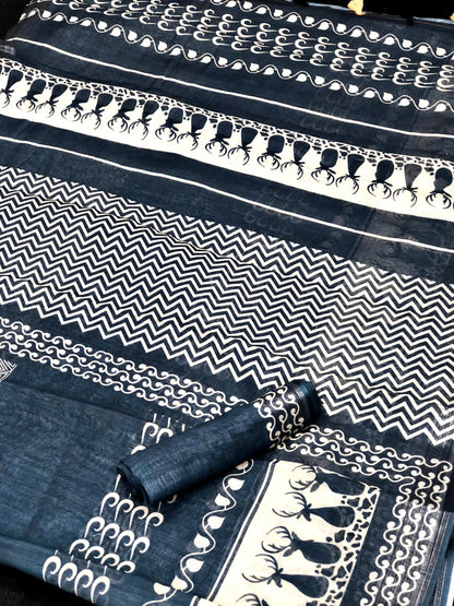 Timeless Black Color Cotton Linen Saree With Unstitched Blouse Piece For Women