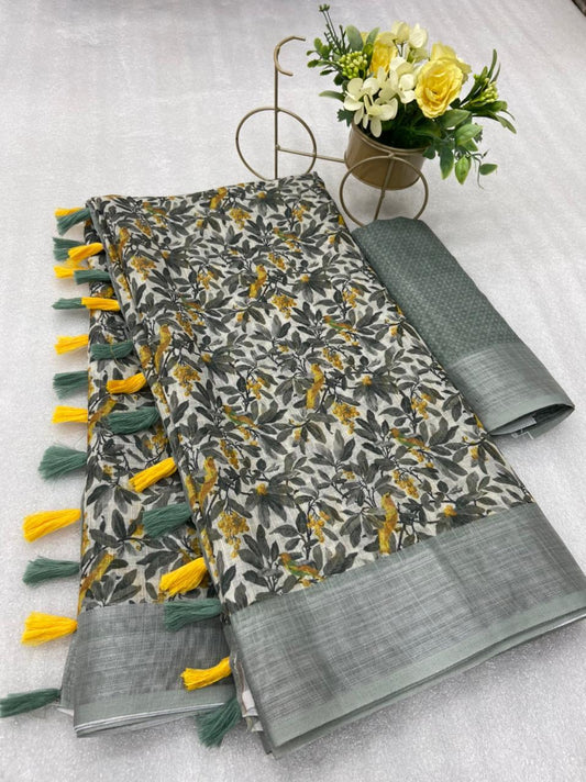 Charming Gray Color Cotton Linen Saree With Unstitched Blouse Piece For Women