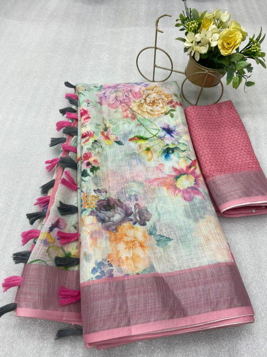 Alluring Pink and White Color Cotton Linen Saree With Unstitched Blouse Piece For Women