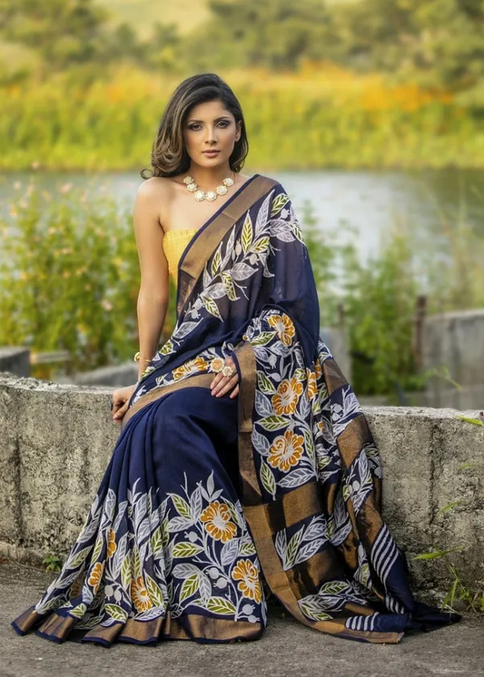 Sophisticated Blue Color Cotton Linen Saree With Unstitched Blouse Piece For Women