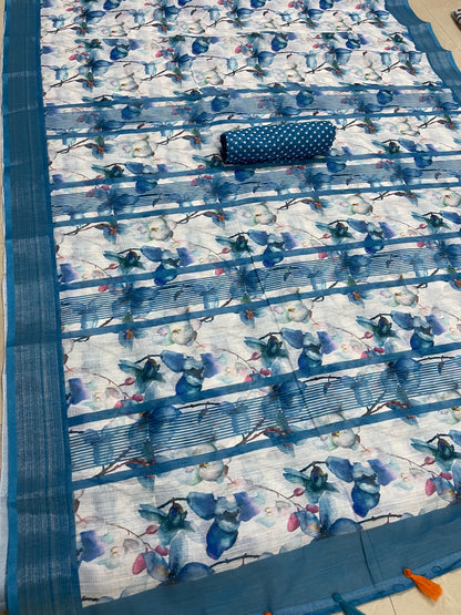 Timeless Sky Blue Color Cotton Linen Saree With Unstitched Blouse Piece For Women