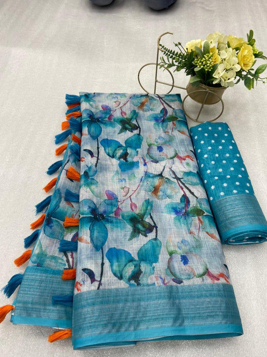 Timeless Sky Blue Color Cotton Linen Saree With Unstitched Blouse Piece For Women