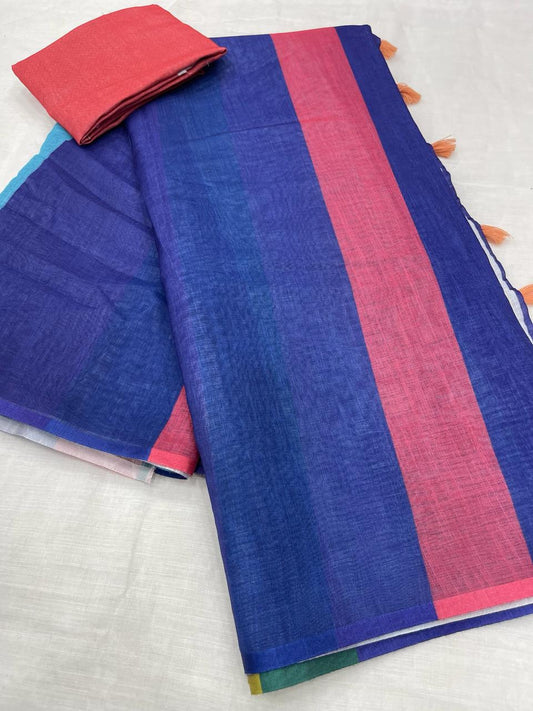 Charming Blue and Red Color Cotton Linen Saree With Unstitched Blouse Piece For Women