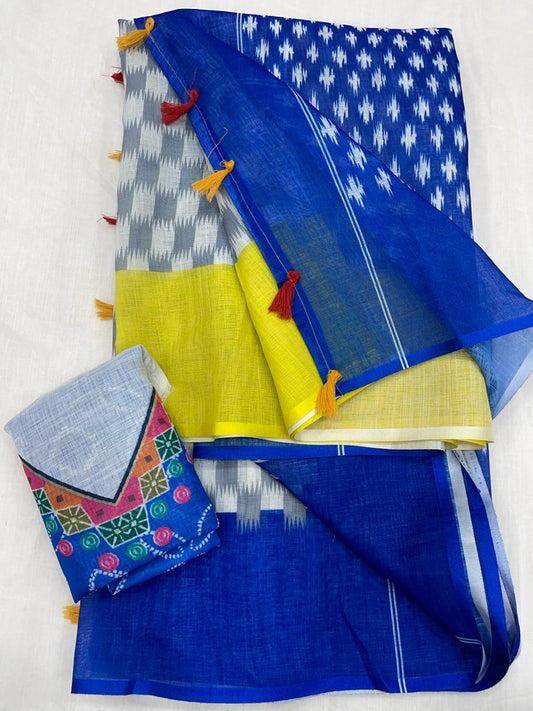 Exquisite Blue Color Cotton Linen Saree With Unstitched Blouse Piece For Women