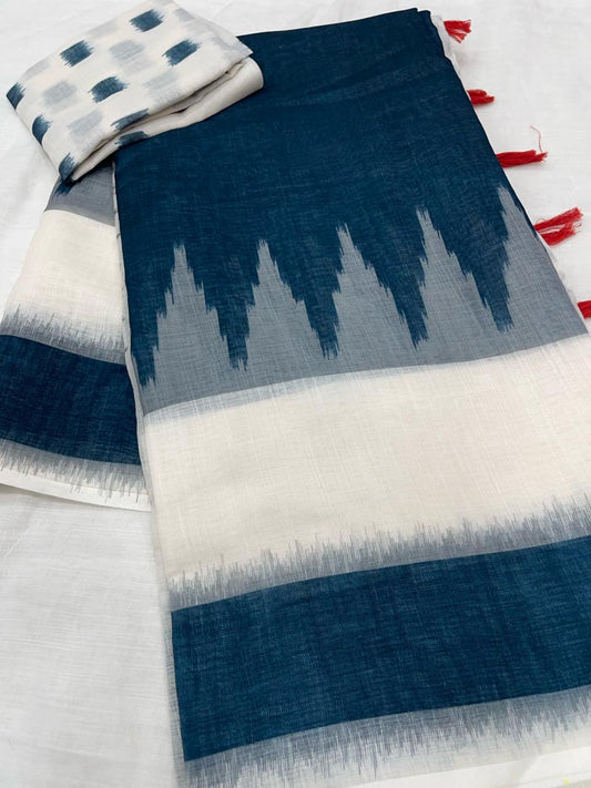 Regal White and Blue Color Cotton Linen Saree With Unstitched Blouse Piece For Women