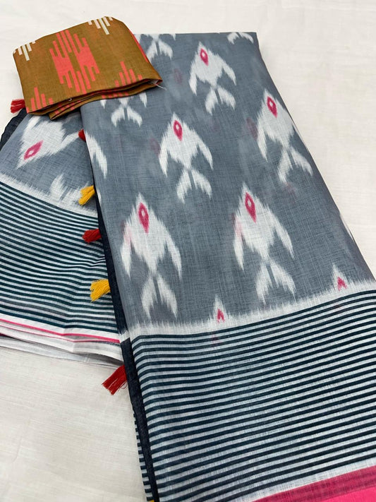 Stunning White and Gray Color Cotton Linen Saree With Unstitched Blouse Piece For Women