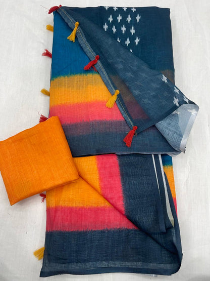 Sophisticated Blue and Yellow Color Cotton Linen Saree With Unstitched Blouse Piece For Women
