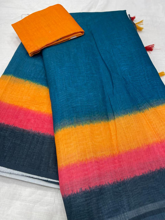 Sophisticated Blue and Yellow Color Cotton Linen Saree With Unstitched Blouse Piece For Women