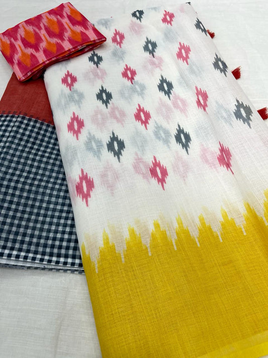Luxurious White and Yellow Color Cotton Linen Saree With Unstitched Blouse Piece For Women
