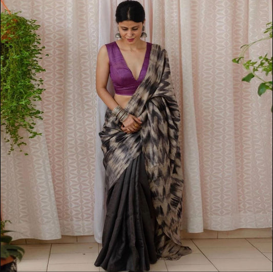 Enchanting White with Black Color Cotton Linen Saree With Unstitched Blouse Piece For Women