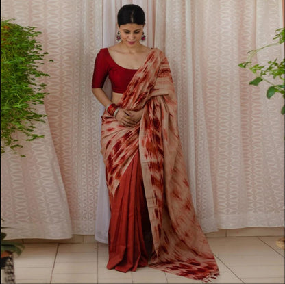 Radiant Red Color Cotton Linen Saree With Unstitched Blouse Piece For Women