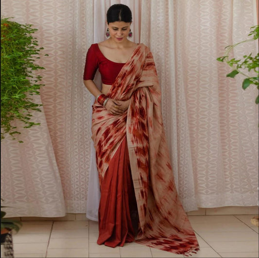 Radiant Red Color Cotton Linen Saree With Unstitched Blouse Piece For Women