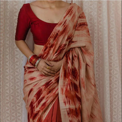 Radiant Red Color Cotton Linen Saree With Unstitched Blouse Piece For Women